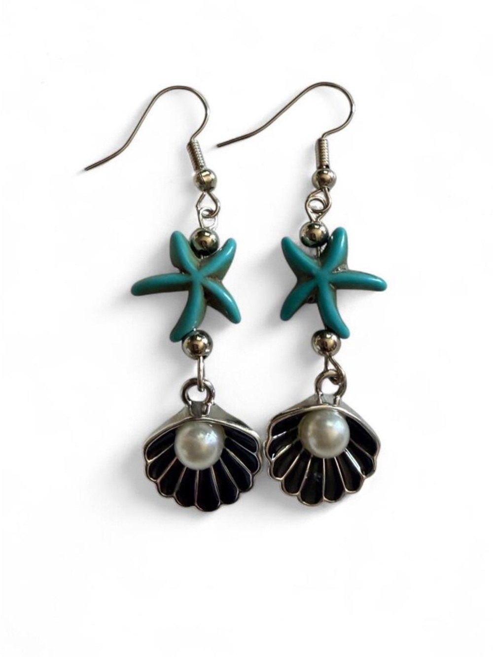 Handmade Turquoise Starfish & Black Shell Pearl Earrings Boho